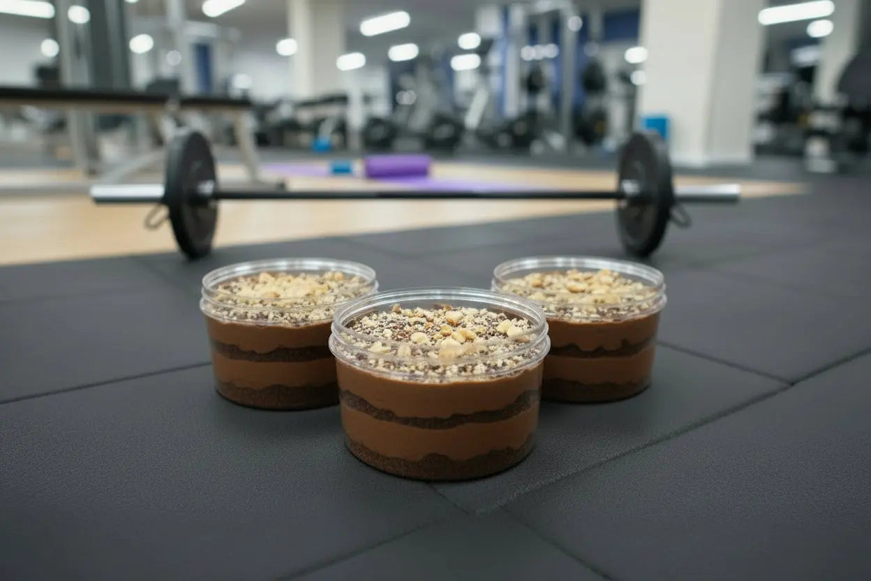 Three clear containers filled with Choc moose and diced nuts on top with a gray surface.